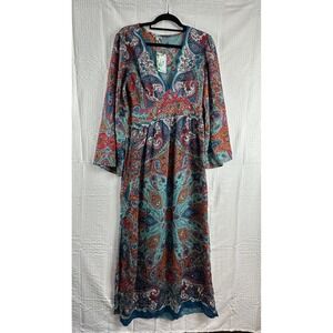 Nostalgia Women's XL Boho Paisley Midi Dress V-Neck Long Sleeve Empire Waist NWT